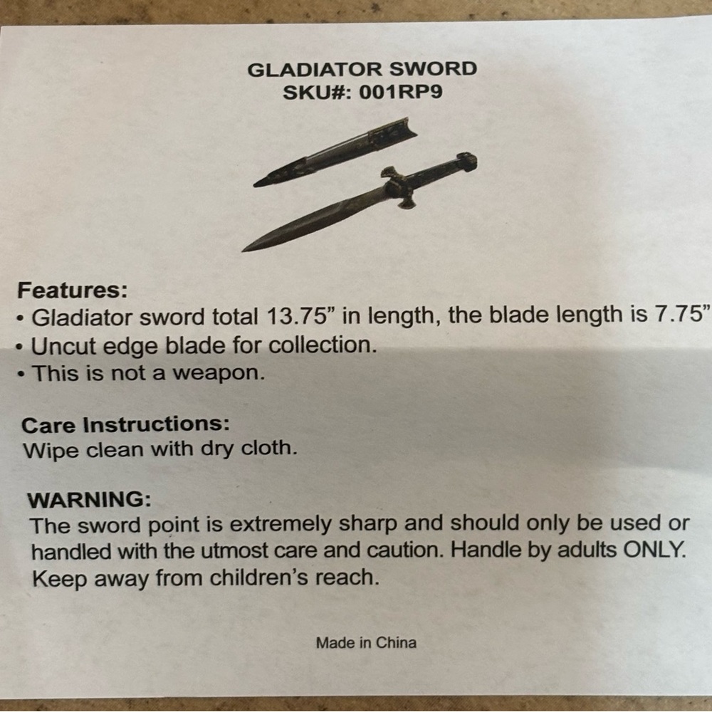 Collectible decor Gladiator Sword sku 001RP9 13.75” BNIB - Picture 6 of 6